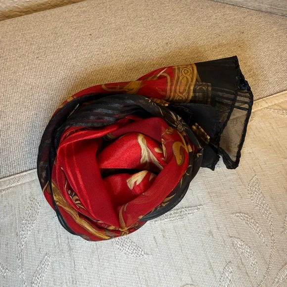 Red, black, and gold silk scarf with floral, filagree and vase motif. 53” x 10” - Picture 7 of 7